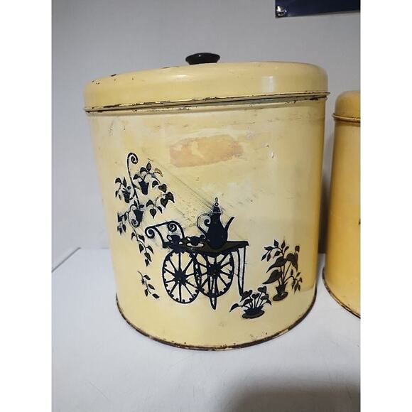VINTAGE Metal YELLOW CANISTER Tins With Lids Pantry Kitchen Storage Set Of 4 - Picture 2 of 9